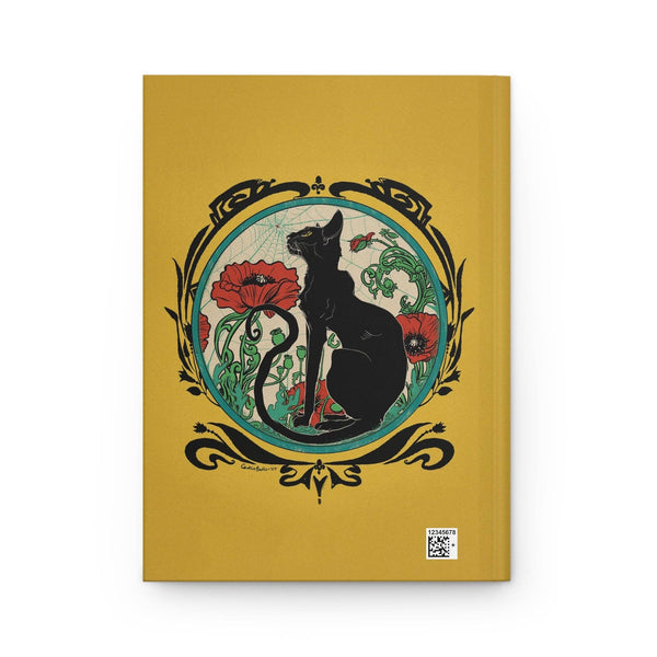 Chat Noir with Poppies on Yellow Matte Hardcover Journal