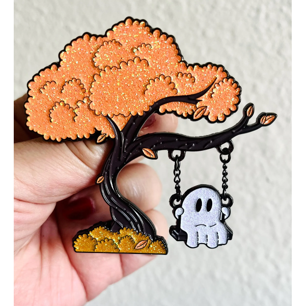 Ghost on a Swing Interactive Glitter Enamel Pin