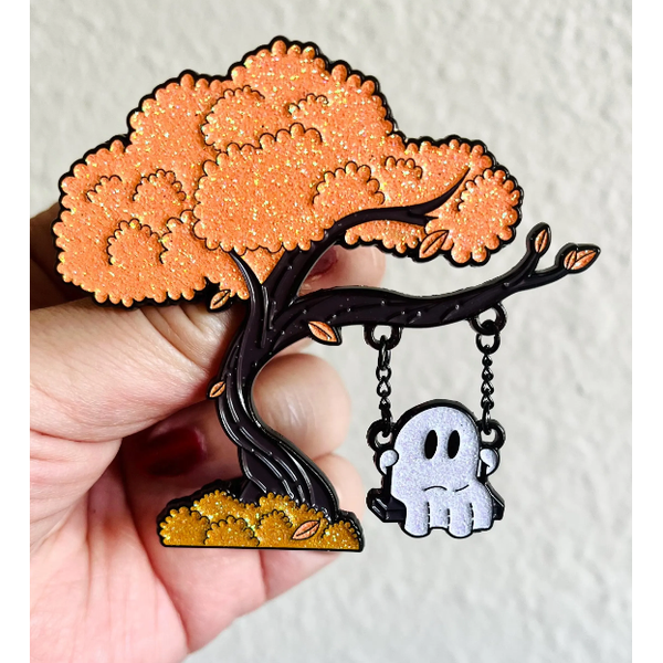 Ghost on a Swing Interactive Glitter Enamel Pin
