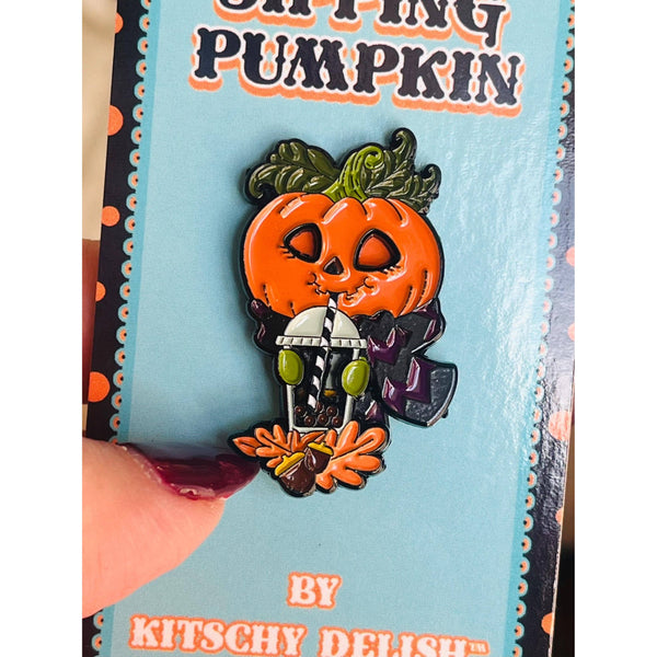 Sipping Pumpkin Sliding Enamel Pin