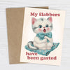 Greeting card with a vintage-style illustration of a kitten and humorous text on a white background.