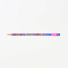 A colorful wooden pencil with a blue body, vibrant floral pattern, and a pink eraser, shown horizontally against a plain white background.