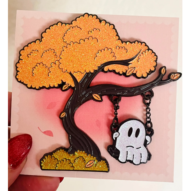 Ghost on a Swing Interactive Glitter Enamel Pin