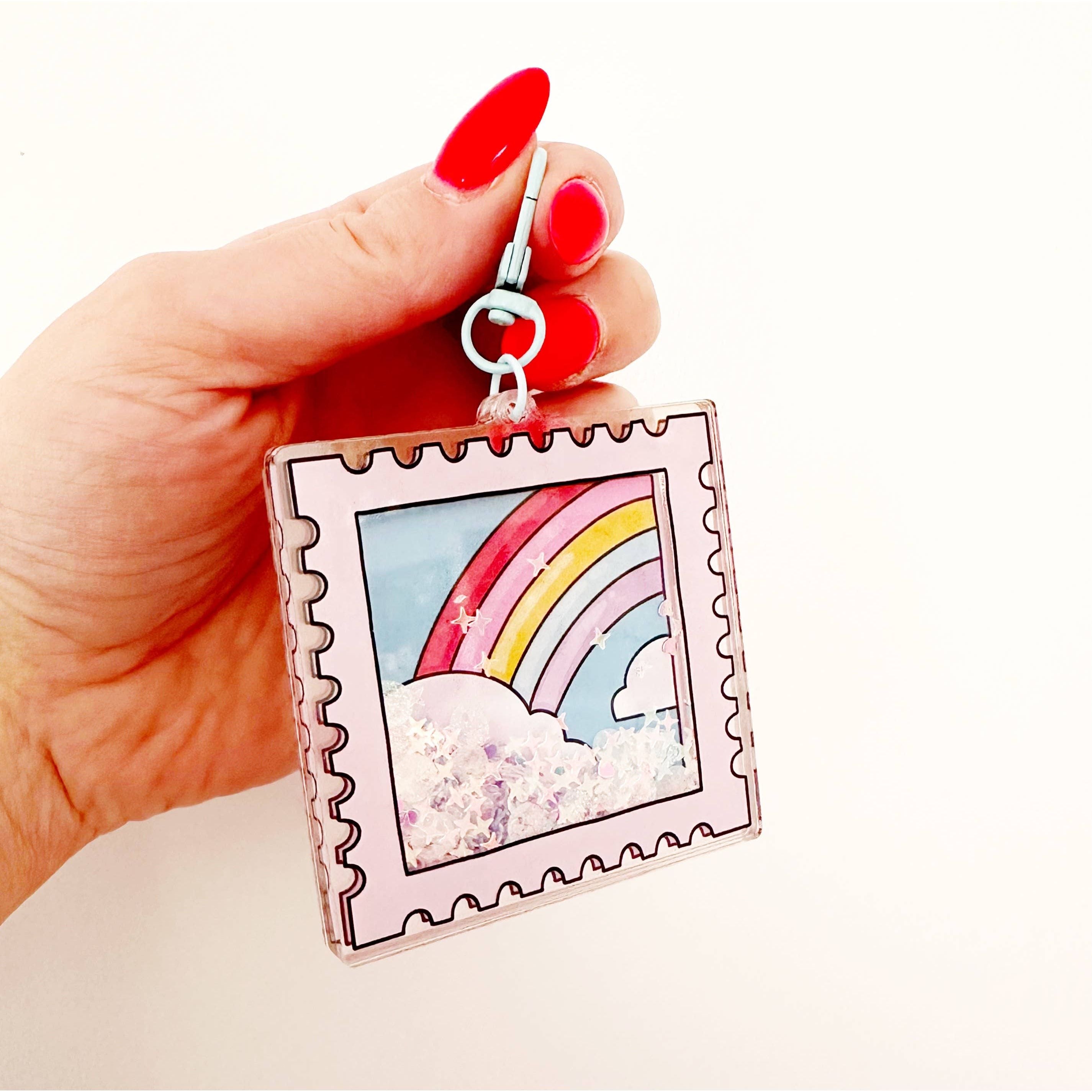 Rainbow Stamp Glitter Shaker Keychain Bag Charm