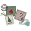 Set of Christmas-themed postage stamps with decorative elements on a white background