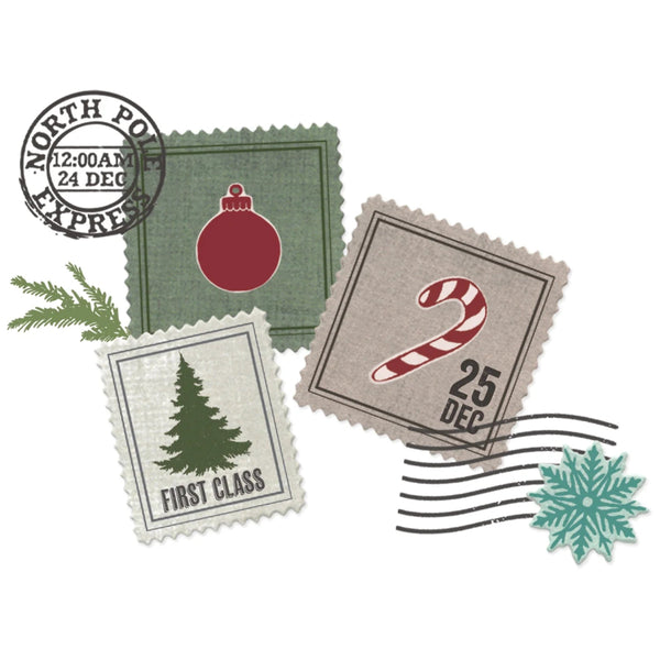 Set of Christmas-themed postage stamps with decorative elements on a white background