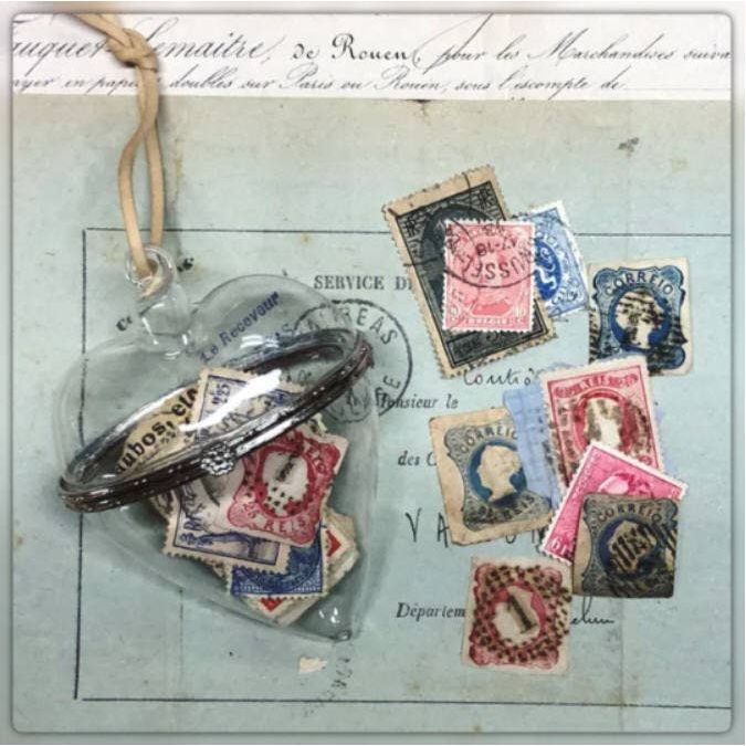 Vintage Ephemera-Filled Glass Heart with Cord Hanger