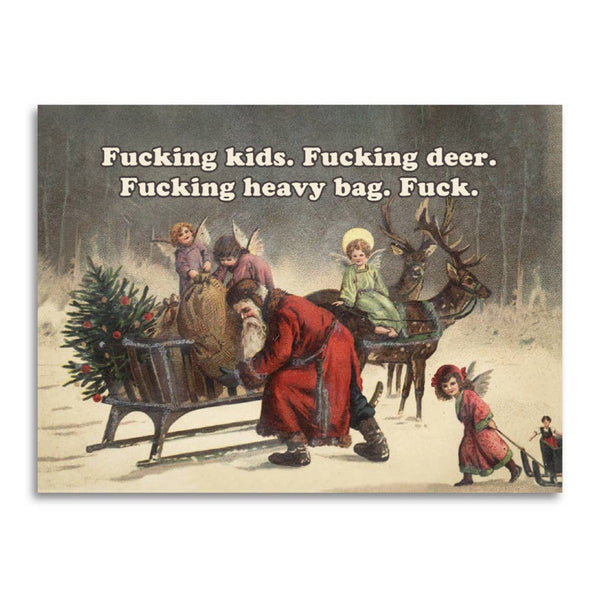 Vintage-style illustration of Santa Claus with children and reindeer, featuring explicit text.