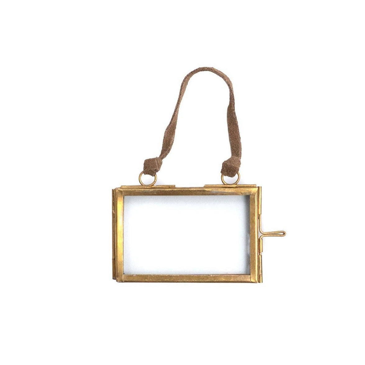 Gold rectangular photo frame with a string on a white background