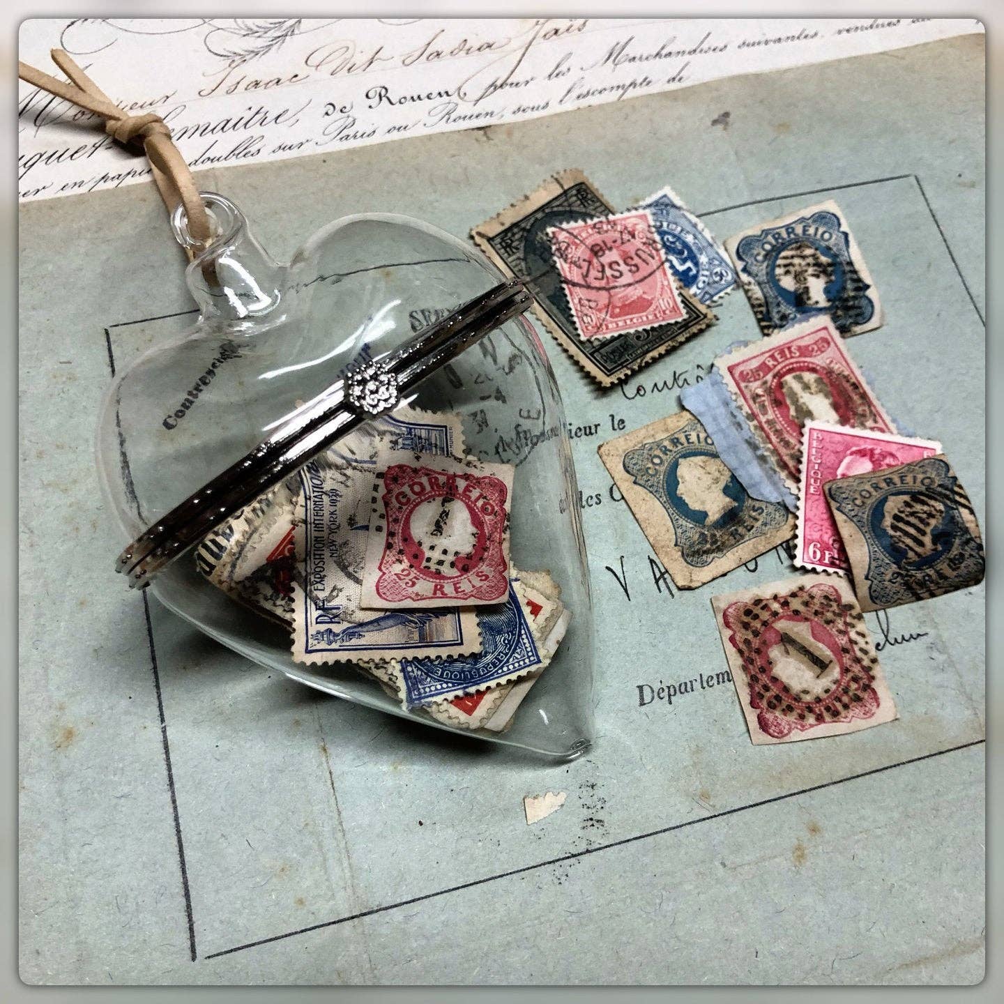 Vintage Ephemera-Filled Glass Heart with Cord Hanger