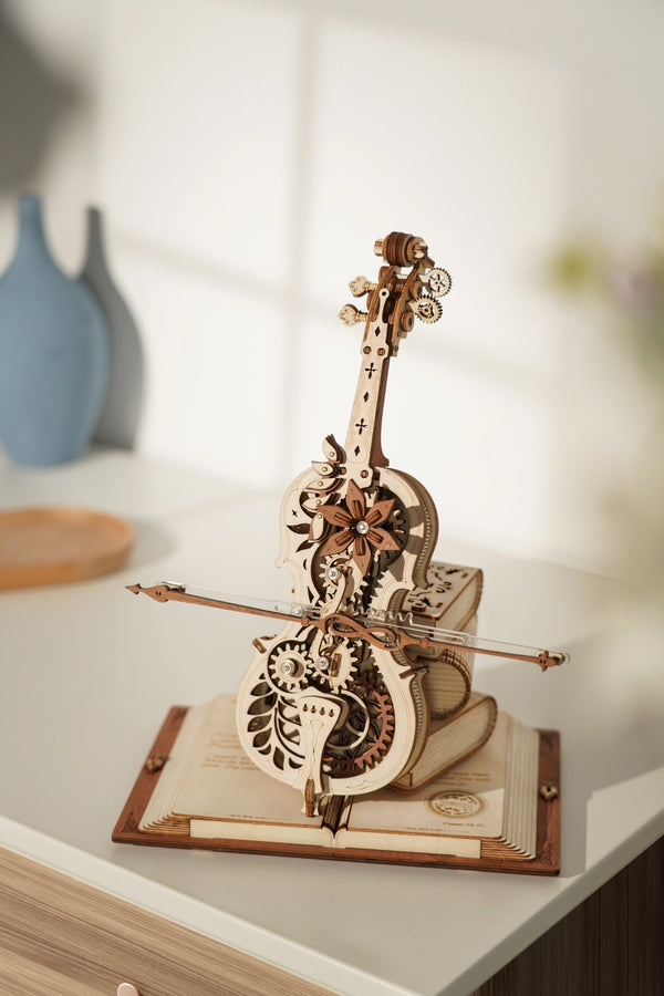 Boîte à musique magique pour violoncelle, puzzle mécanique en bois