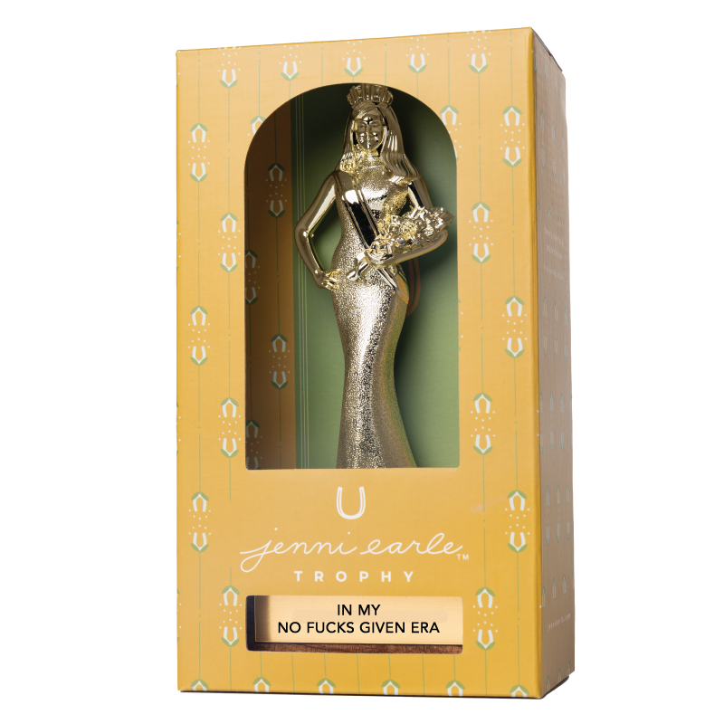 Decorative trophy in a gold box with text on a white background