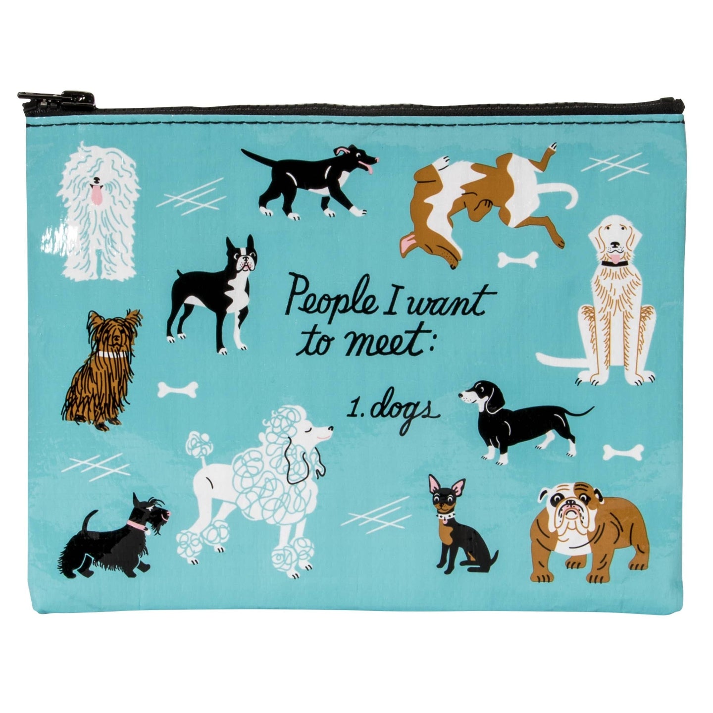 A turquoise blue zippered pouch featuring a playful dog-themed graphic. The design includes various cartoon dog illustrations surrounding the text 'People I want to meet: 1.