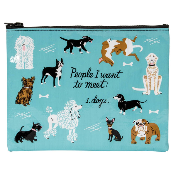 A turquoise blue zippered pouch featuring a playful dog-themed graphic. The design includes various cartoon dog illustrations surrounding the text 'People I want to meet: 1.