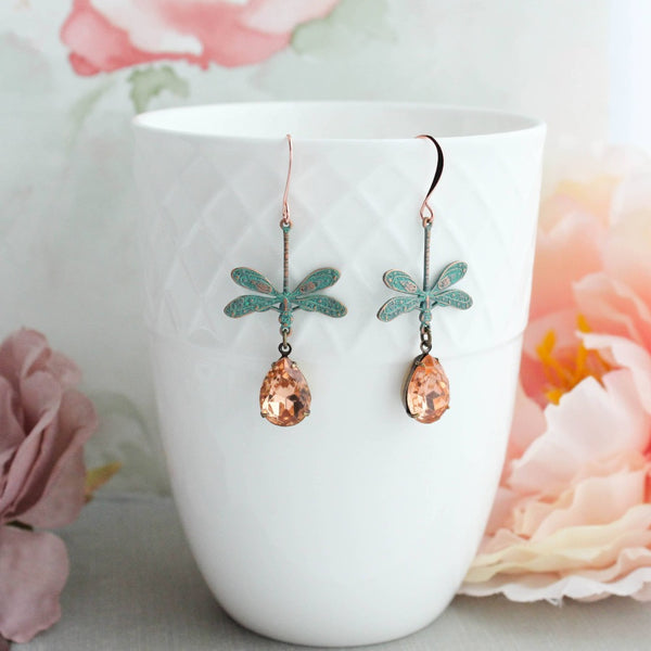 Peach + Copper Patina Dragonfly Earrings