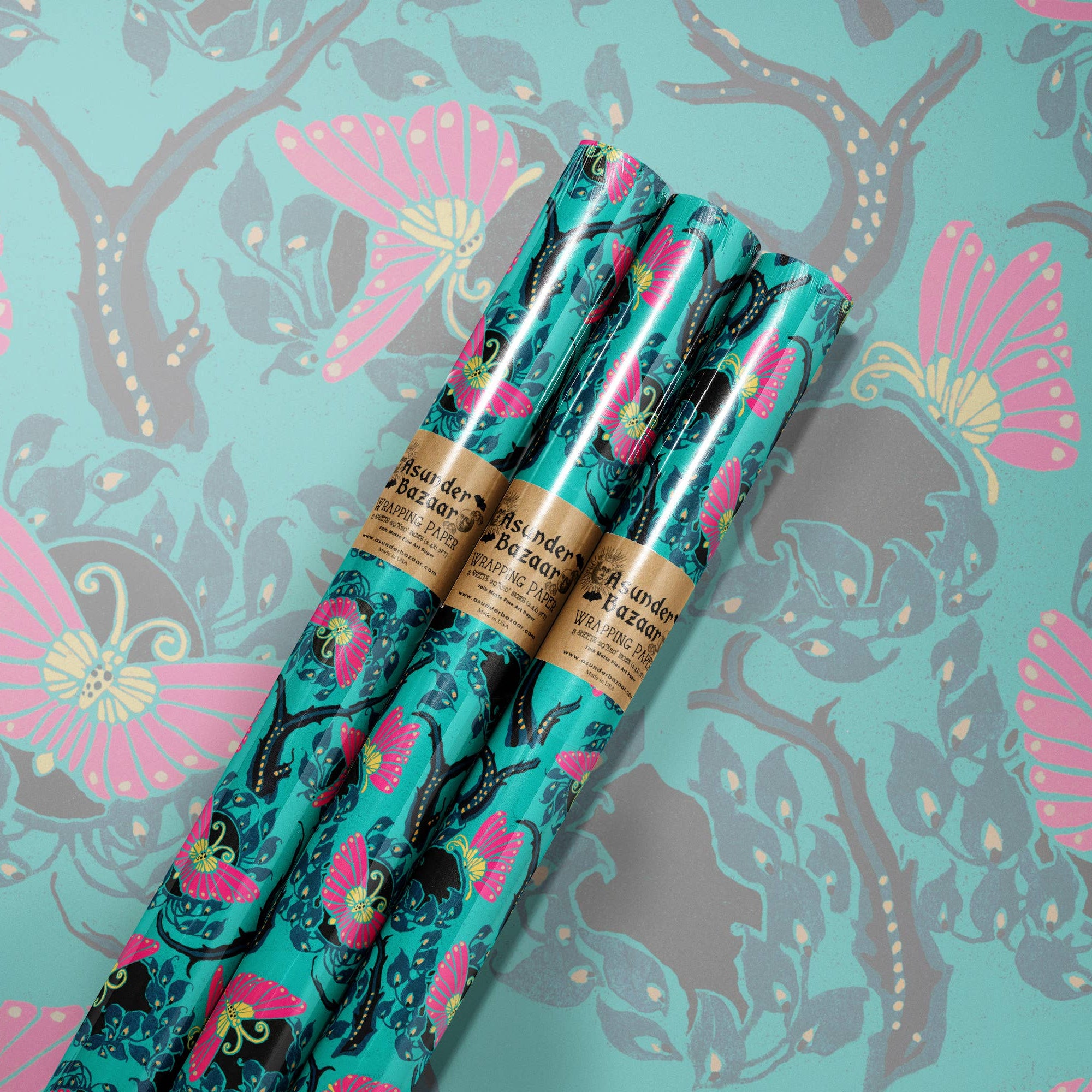 Nouveau Pink and Cyan Butterfly Wrapping Paper