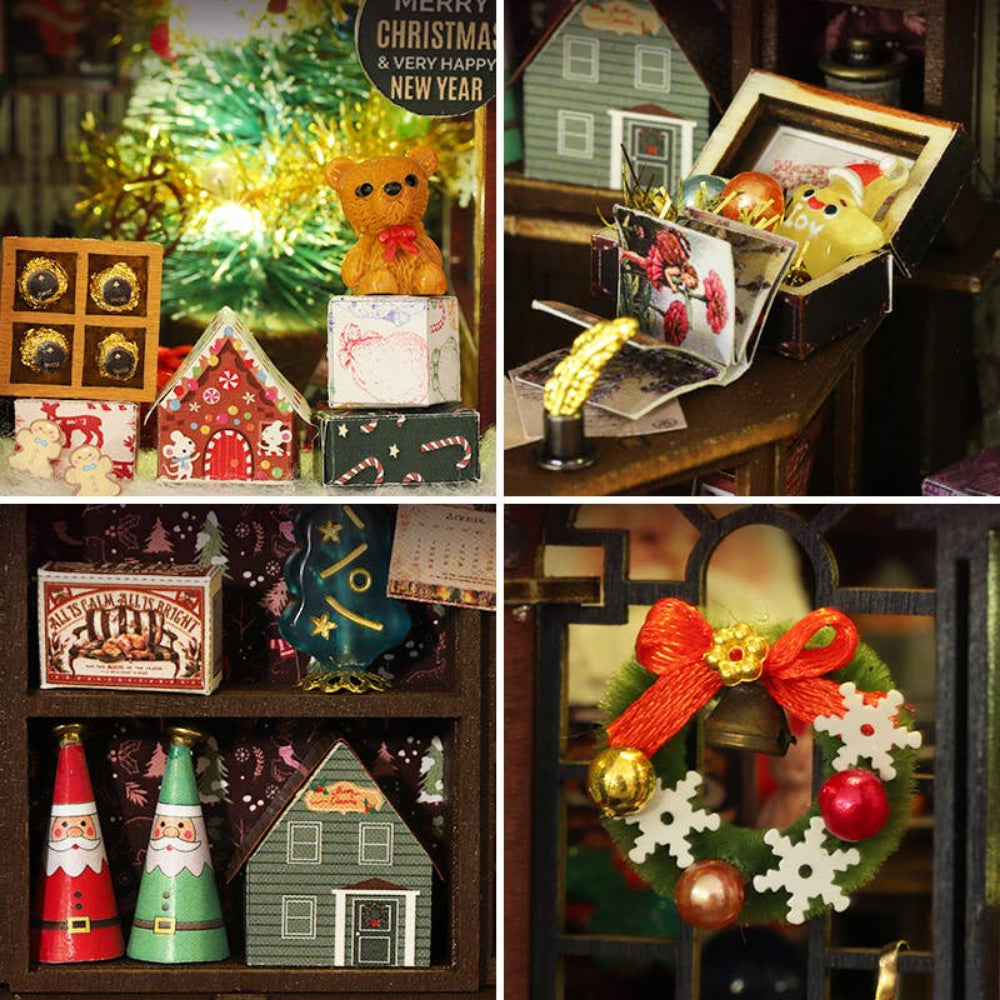 Collage of miniature Christmas decorations including a teddy bear, houses, and a wreath.