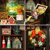 Collage of miniature Christmas decorations including a teddy bear, houses, and a wreath.