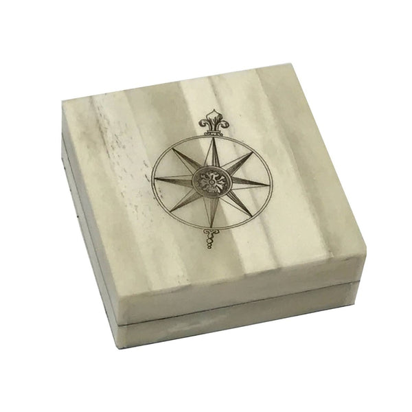 Compass Rose Engraved Scrimshaw Bone Box w/ Brass Compass
