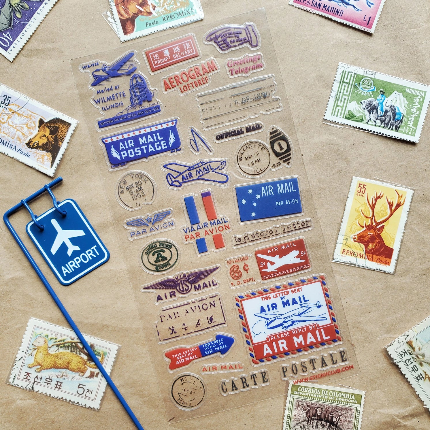 Feuille d’autocollants de timbres postaux vintage