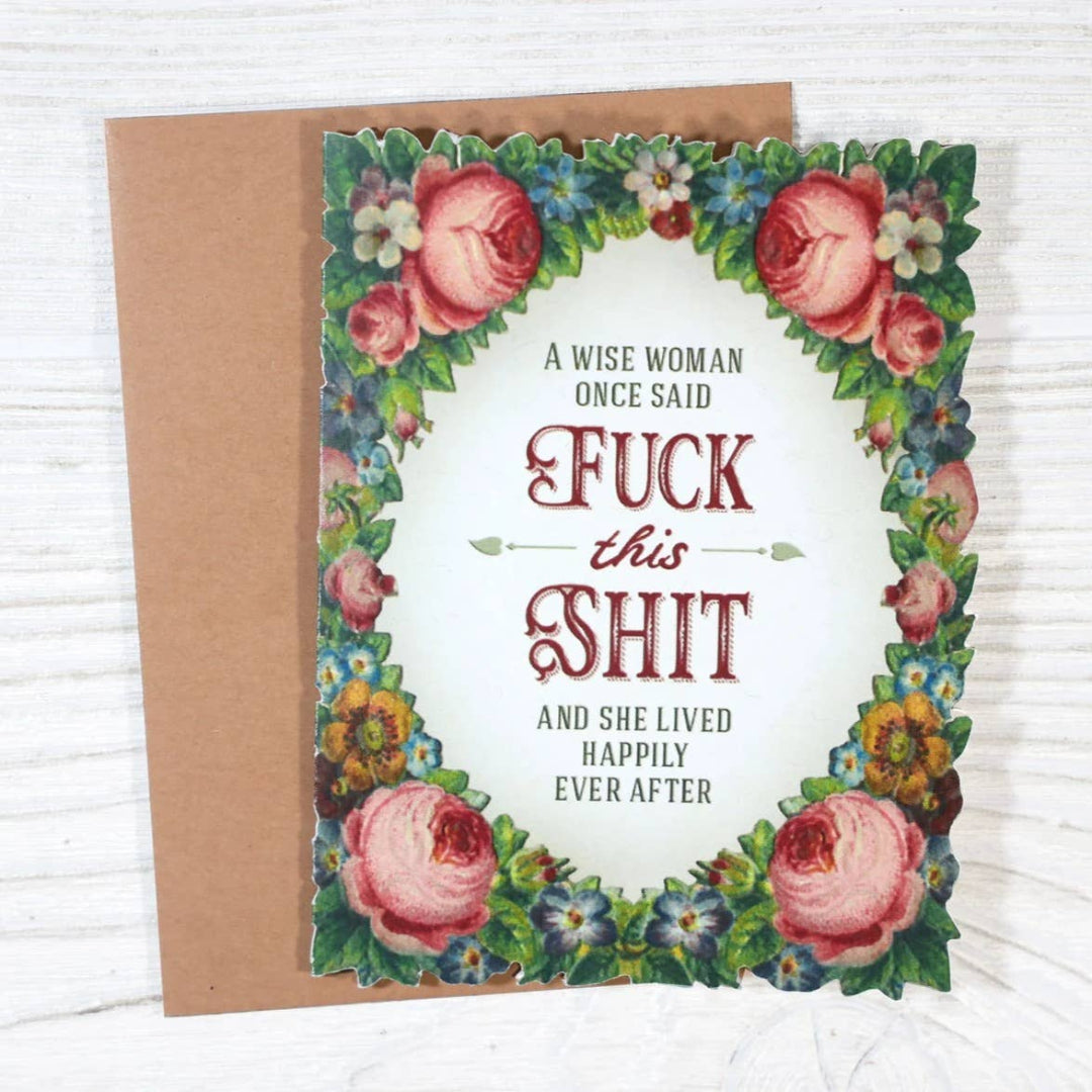 Card with floral border and humorous text on a white background