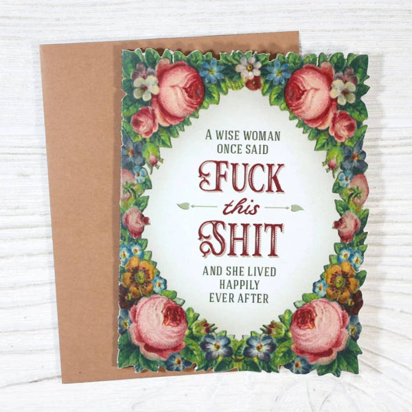 Card with floral border and humorous text on a white background