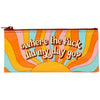 A rectangular zippered pouch featuring a retro 1970s-style sunburst design in orange, yellow, pink, and light blue, with the text 'where the fuck did my day go?' in raised brown letters across the front.