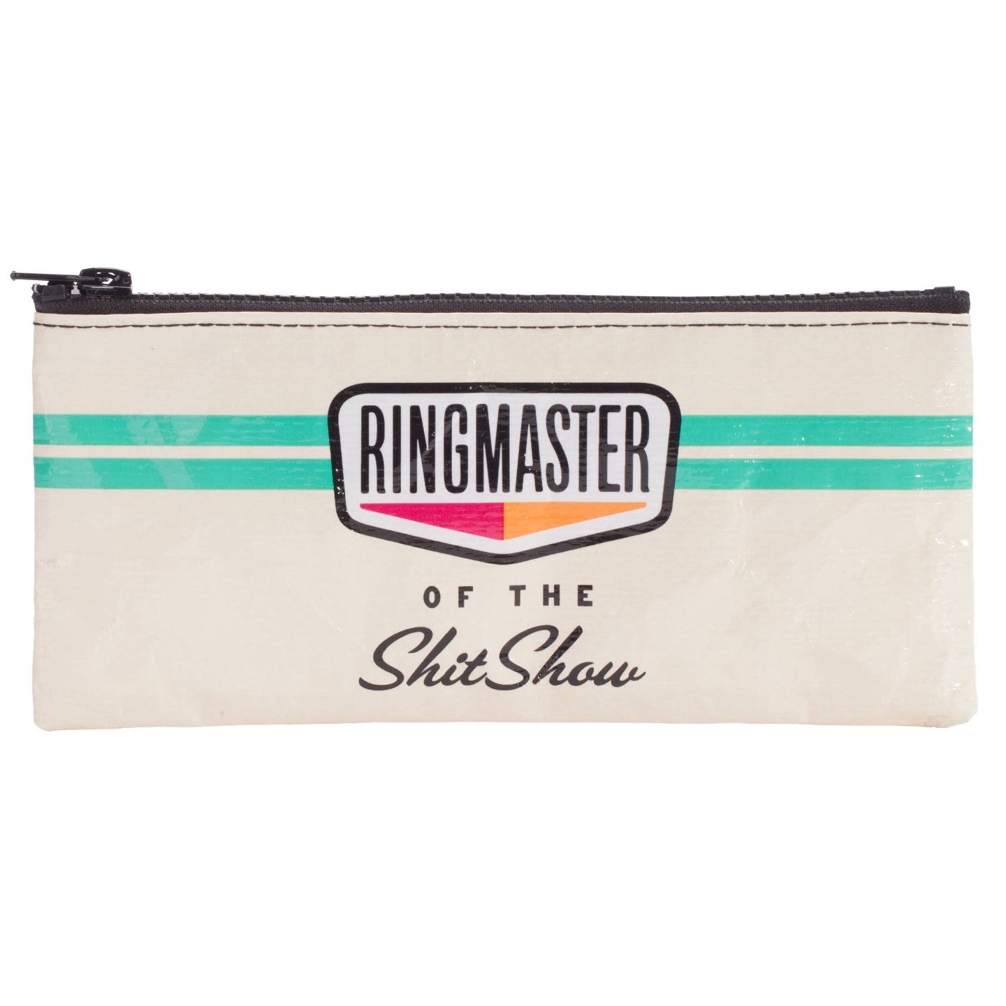A cream-colored zippered pouch featuring a black zipper, a teal stripe, and a central graphic that reads 'RINGMASTER OF THE ShitShow' in stylized text.