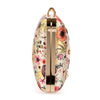 Floral patterned clutch bag with gold accents on a white background