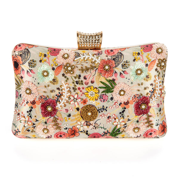 Floral clutch bag with beaded details on a white background