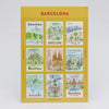 Sheet of stamps featuring illustrations of Barcelona on a yellow background
