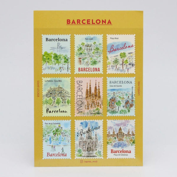 Sheet of stamps featuring illustrations of Barcelona on a yellow background