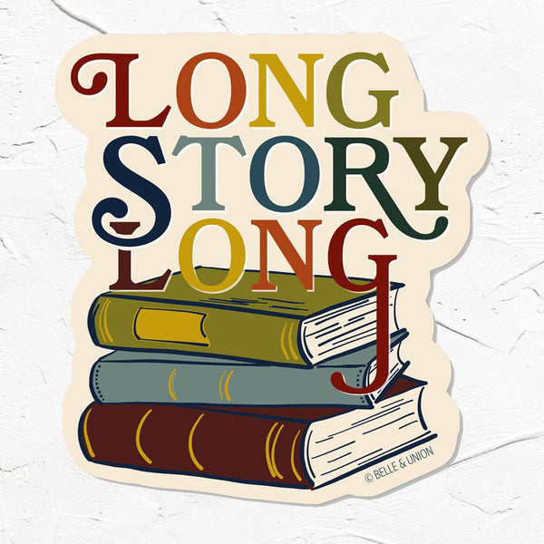 Decorative sticker with 'Long Story Long' text and books on a textured white background