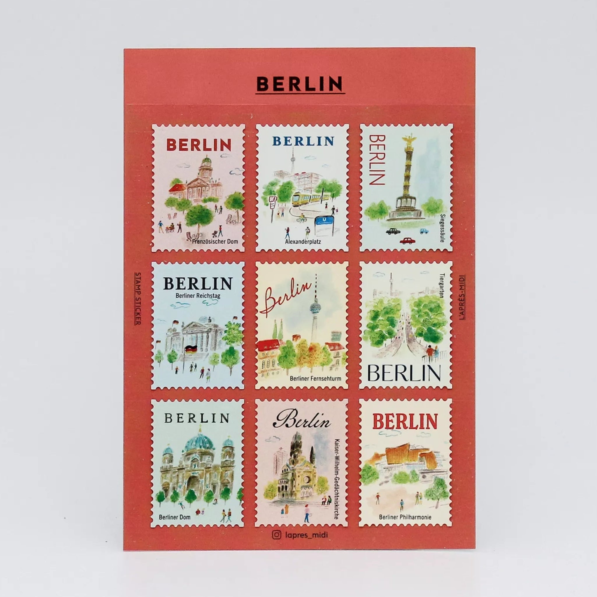 Sheet of Berlin-themed stamps on a red background