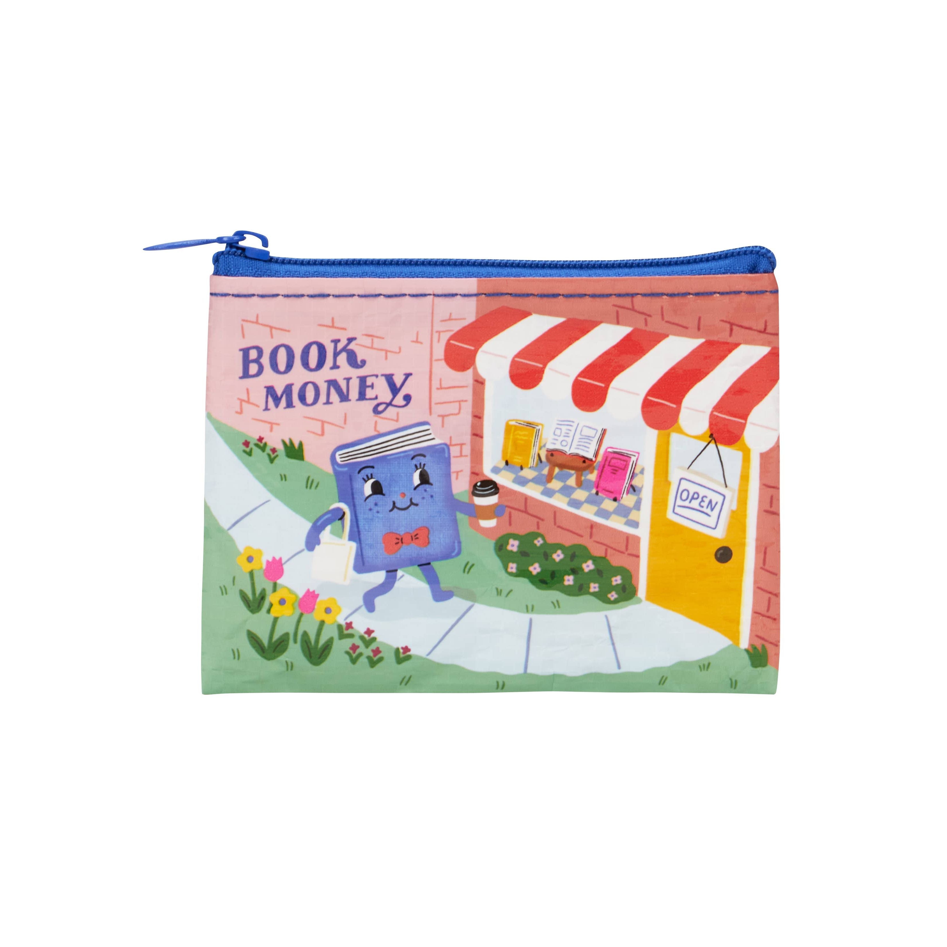 A small zippered pouch featuring a colorful cartoon illustration of a book character walking past a storefront with the words 'BOOK MONEY' and an 'OPEN' sign.