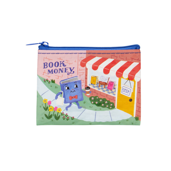 A small zippered pouch featuring a colorful cartoon illustration of a book character walking past a storefront with the words 'BOOK MONEY' and an 'OPEN' sign.
