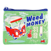 A light green zippered pouch featuring a retro-style illustration of a red and white van, the words 'WEED MONEY' in blue, and other cartoon graphics on a white background.