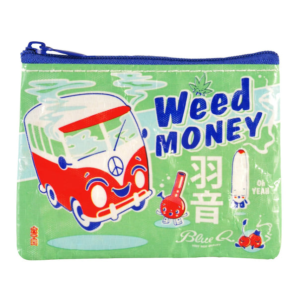 A light green zippered pouch featuring a retro-style illustration of a red and white van, the words 'WEED MONEY' in blue, and other cartoon graphics on a white background.