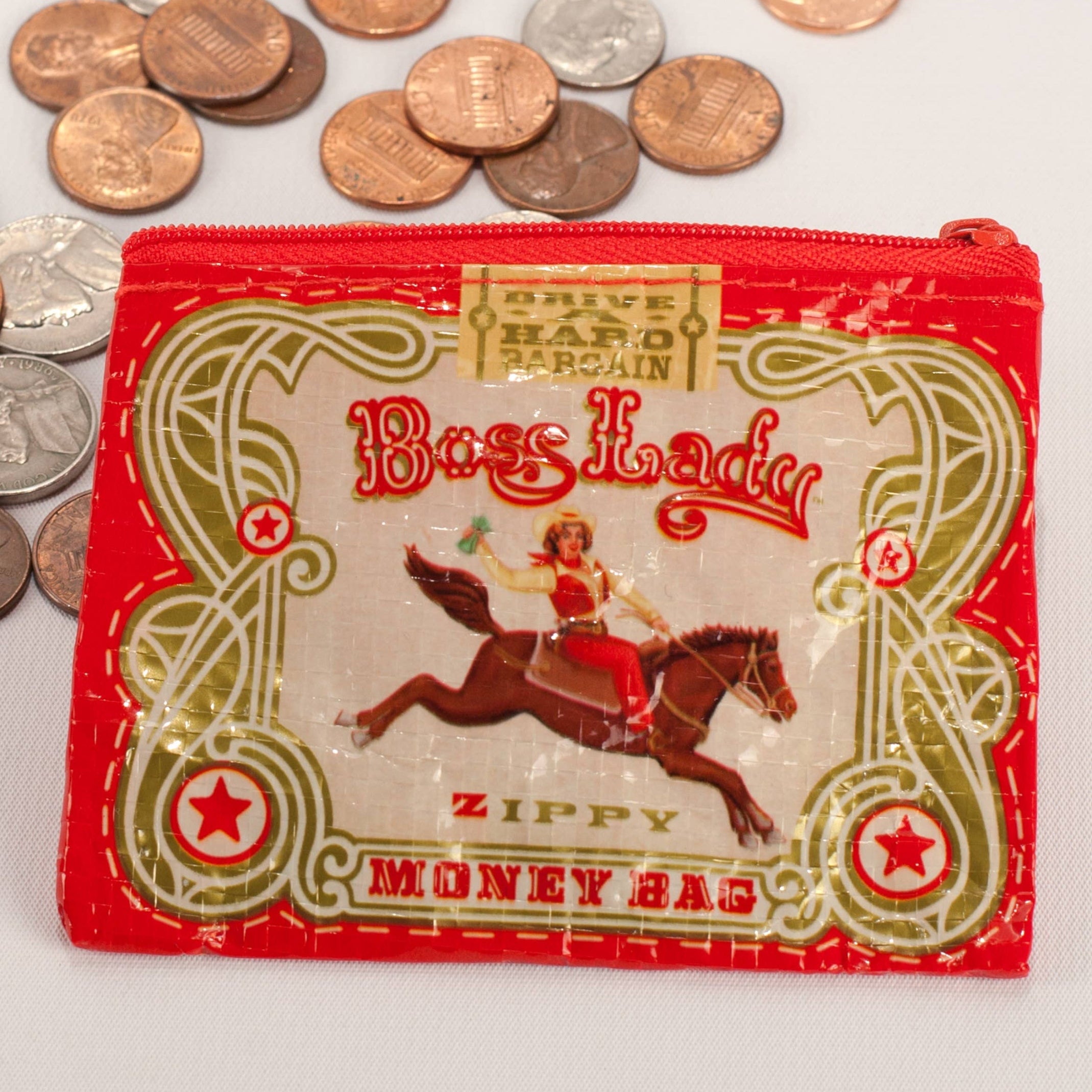 Red 'Boss Lady' money bag with a graphic of a woman on a horse, surrounded by coins.