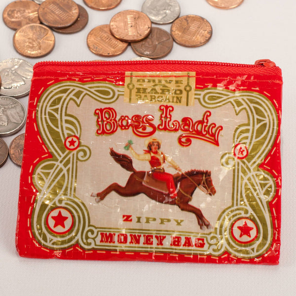Red 'Boss Lady' money bag with a graphic of a woman on a horse, surrounded by coins.