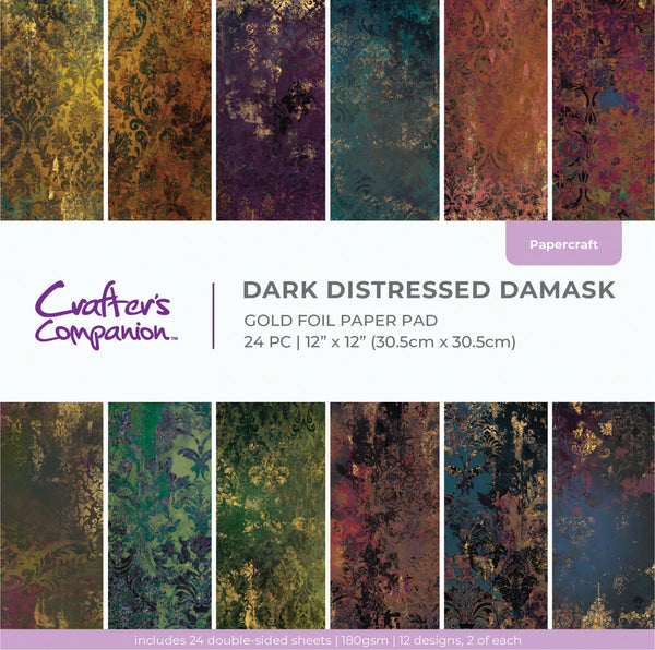 Dark Distressed Damask 12x12 Gold Foil Paper Pad