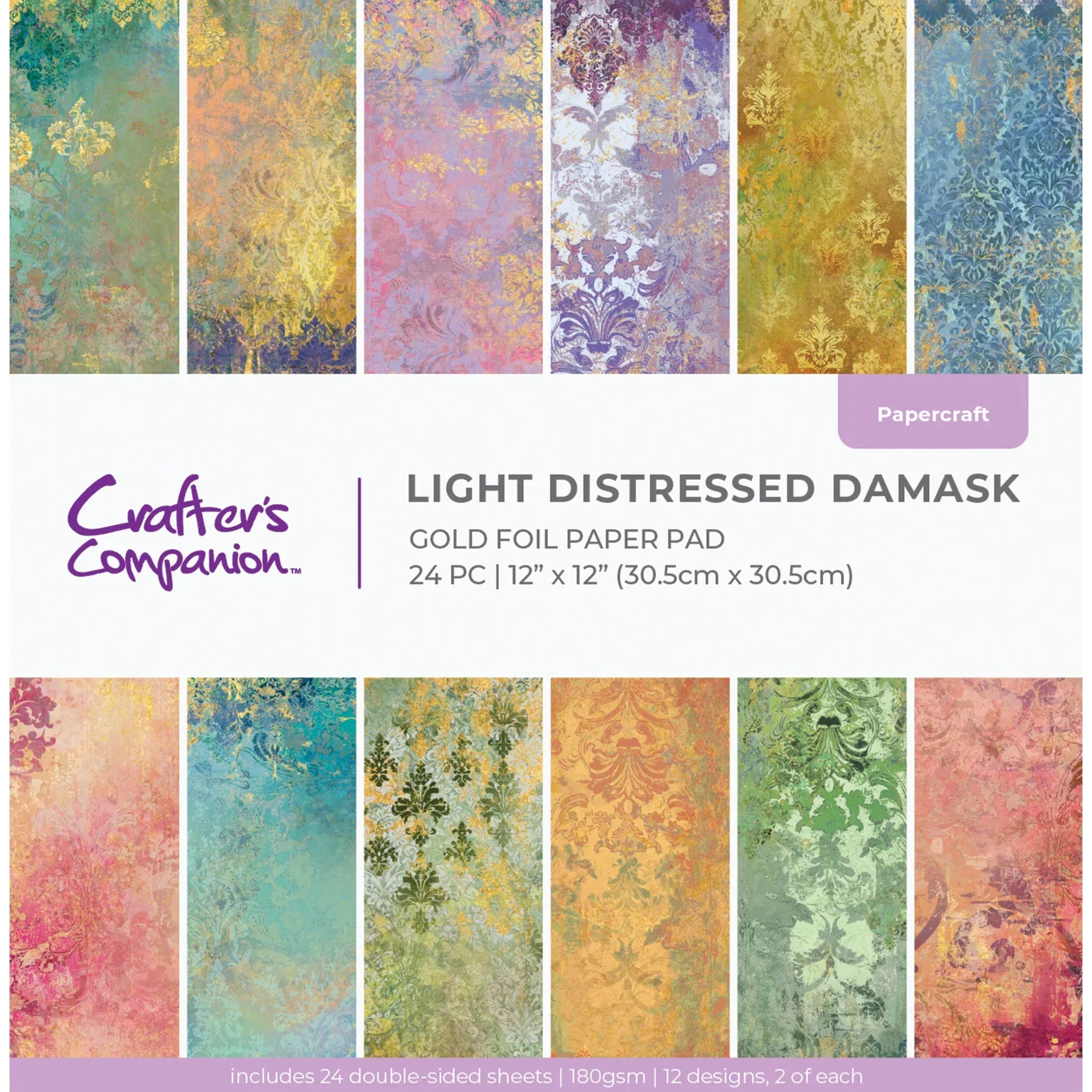 Light Distressed Damask 12x12 Gold Foil Paper Pad