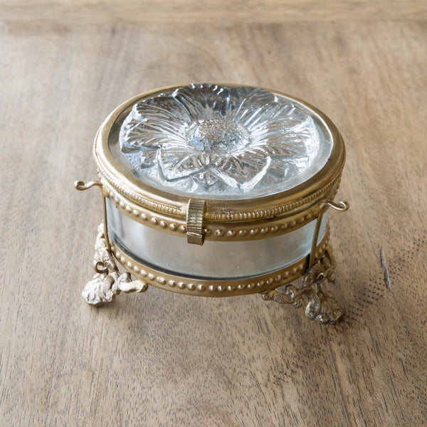 Embossed Glass Flower Box with Antique Gold Trim