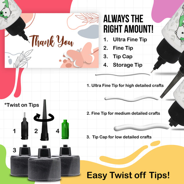 Glue tips and packaging on a colorful background