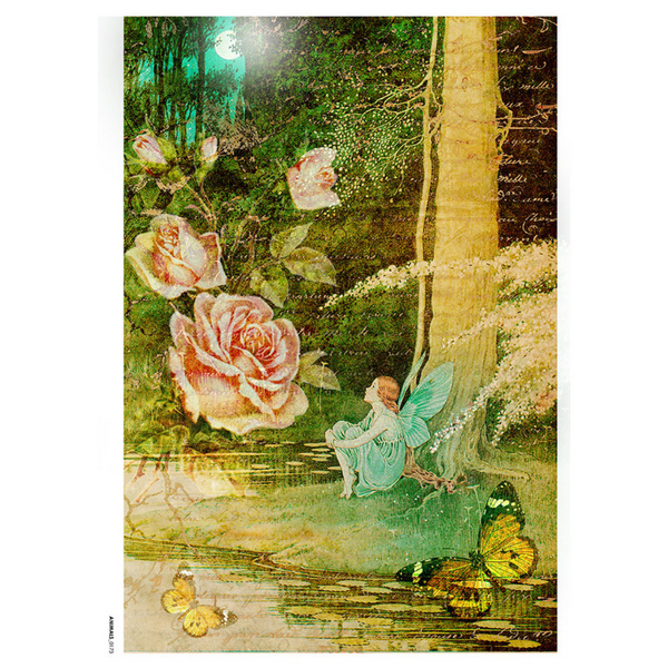Fairies w/ Pink Rose A3 Rice Paper