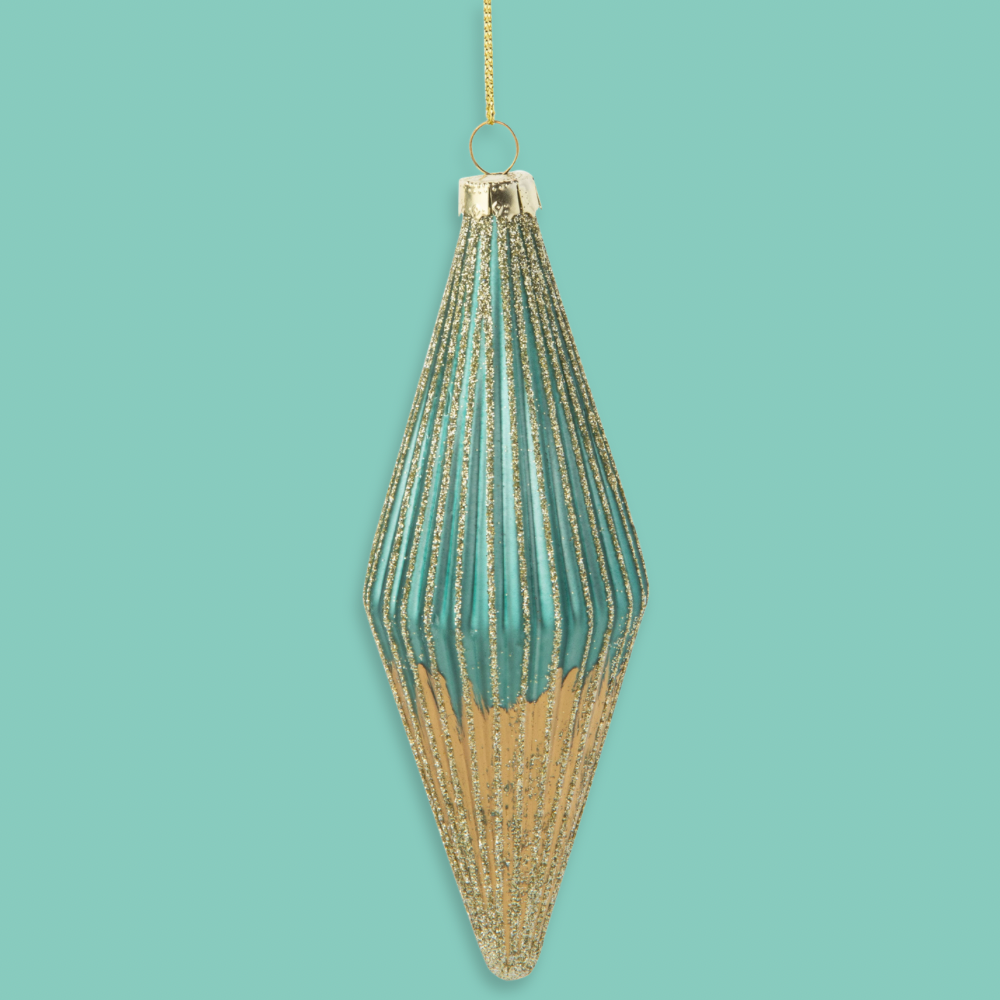 Ornement en forme de larme cannelée en verre soufflé | Ombré Turquoise Mat & Or