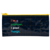 A rectangular zippered pouch with a dark navy blue background featuring a subtle grid pattern and the text 'I'm a planner. I plan things.
