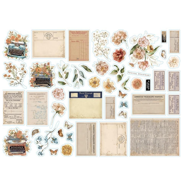 A sheet of vintage-themed decorative stickers featuring antique typewriters, floral illustrations, handwritten letters, postmarks, butterflies, and aged paper documents on a white background.