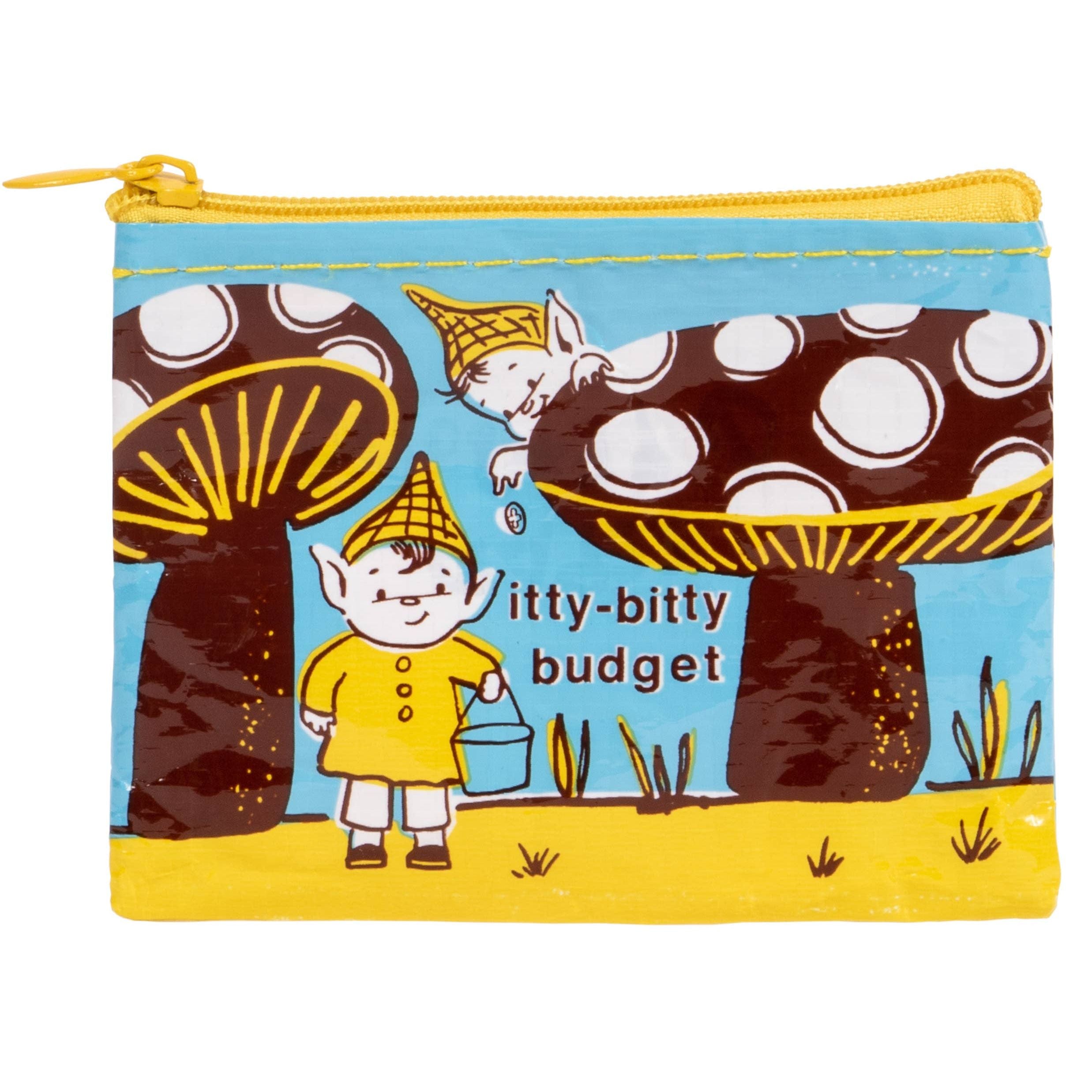A rectangular zippered pouch with a colorful illustration of a fairy in a yellow outfit standing in front of large mushrooms, with the text 'itty-bitty budget' printed on the front.