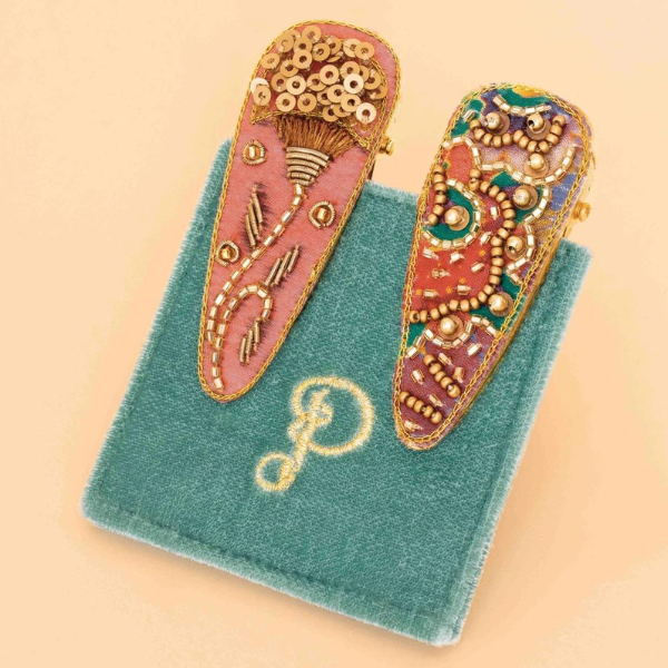 Coral Floral Stem/60s Abstract Jewelled Hair Clips